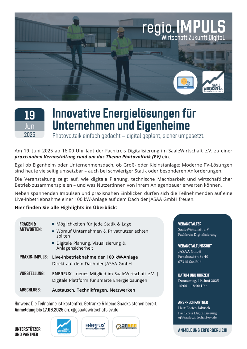 Veranstaltungsblatt "Innovative Energielösungen für  Unternehmen und Eigenheime"